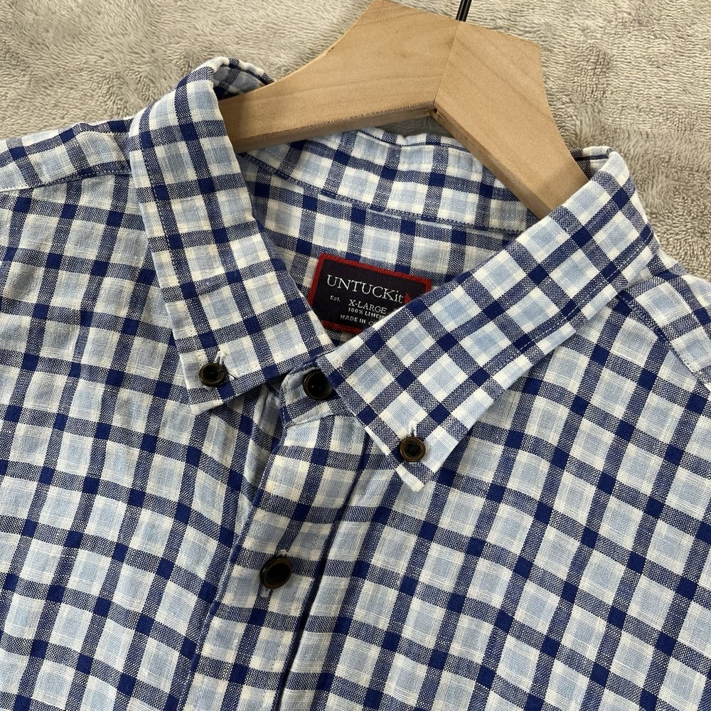 UNTUCKit Men's XL Linen Blue Plaid Long Sleeve Button Front Shirt